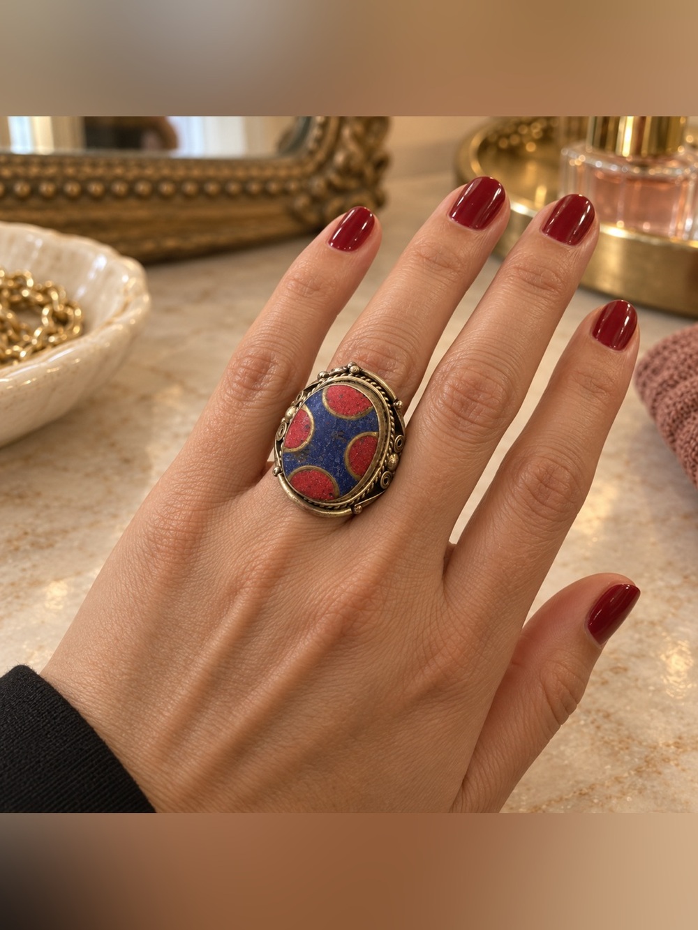 Vintage Brass Statement Ring with Blue and Red Stone